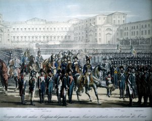 ナポレオンからフランス元帥とナポリ王に任命されたヨアヒム・ムラット（1767-1815）が、チサルピーヌ共和国の軍隊を閲兵する。 作： Unknown artist