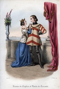 ナポリの女王ジョアン1世（ジャンヌ・イエール・ダンジュー）（1326-1382）とタラントの王子ルイ（ルイ・ド・タラント）（1320-1362）。モーリス・ラシャトレの「教皇の歴史」に掲載された1842年の版画。個人蔵。
