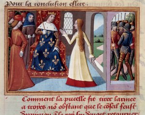 シャルル7世（1422-1461）の前のジョアン・オブ・アーク（1412-1431）。マルシャル・ドーヴェルニュ（1430-1508）の「シャルル7世の前夜祭」の細密画