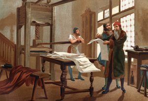 ヨハネス・グーテンベルク（1400-1468）、ドイツの印刷業者、聖書の最初のシートを印刷する。バルセロナ 1877年 作： Unknown artist