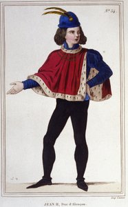 ヴァロワ家のジョン2世、アランソン公（1409-1476）。ジャンヌ・ダルクを伴った王家の軍隊を指揮し、オルレアンの上流のロワール川のコースを解放する。1830年のエングレーヴィング。 作： Unknown artist