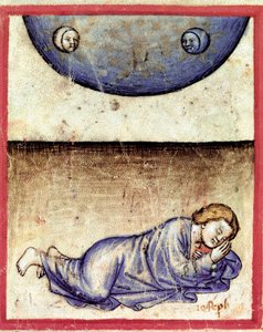 ヨセフは、太陽、月、11の星が自分の前にひれ伏している夢を見た。 1390-1400年のロビゴ、アカデミア・デイ・コンコルディのコーデックス212（またはパドヴァノ・コーディス、パドヴァの聖書）のミニチュア。 作： Unknown artist