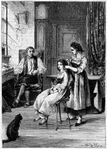 フランスの発明家ジョスエ・ハイルマン（1796-1848）は、娘たちが髪を梳く様子を観察している。彼はこの場面で、1843年に機械式コームを作ることを誓った。"La Nature: revue des sciences et de ses applications aux arts et a l