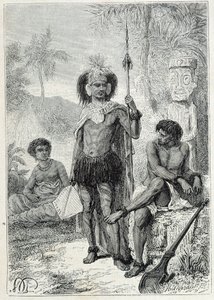 キャプテン・ジェームズ・クック（1728-1779）の旅：マルケサス諸島の先住民 - 図版は "The Great Mariners of the 18th century "から引用しています。 作： Unknown artist