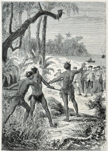 キャプテン・ジェームズ・クック（1728-1779）のニューギニアへの旅：原住民との最初の出会い、イラストは "The Great Mariners of the 18th century "より引用