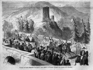皇帝ナポレオン3世（1808-1873）とその妻ウジェニー・デ・モンティージョ（1826-1920）のサヴォイへの旅：ここでは、サヴォイ伯爵の併合（3月のトリノ条約）に伴い、アヌシーとトノンの間の岩場への通路。Le monde illust "からのエングレーヴィング 作： Unknown artist