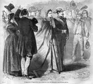 皇帝ナポレオン3世（1808-1873）とその妻ウジェニー・デ・モンティージョ（1826-1920）が、サヴォイ伯爵の併合（3月トリノ条約）に伴い、サヴォイ公国に向かう旅。ここでは皇室の夫妻がグルノーブルの街を歩いている。肖像画 作： Unknown artist
