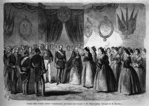 皇帝ナポレオン3世（1808-1873）とその妻ウジェニー・デ・モンティージョ（1826-1920）が、サヴォイ伯爵の併合（3月のトリノ条約）に伴い、サヴォイ公国に向かう旅。ここでは、アルルを訪れた皇室の夫妻が、この地方の若い娘たちと出会う。エングル 作： Unknown artist