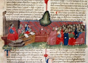 トローンに乗ったジュール・シーザー（紀元前101～44年） 「ローマ人の事実」（Ms1538）の原稿ページの詳細 1340年頃 フィレンツェ、Biblioteca Riccardiana 作： Unknown artist