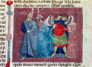 ジュール・セザール（紀元前101～44年）の台座 1340年頃の写本ページ「ローマ人の事実」（Ms 1538, fol 1v）の詳細 フィレンツェ、Biblioteca Riccardiana