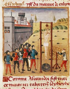 アレクサンダー大王（紀元前356～323年）は、貴族カリクステン・セフォベの絞首刑に立ち会った」 ミニチュアは、クイントゥス・クルティウス・ルフス（1世紀）の「アレクサンダー大王の事実の書」（ms 1335, fol167 v）から引用したもの。 作： Unknown artist