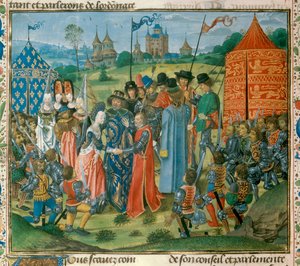 シャルル6世（1368-1422）は、フランスとイングランドの領主議会の前で、娘のフランスのイザベラ（1389-1409）をイングランドのリチャード2世（1367-1400）に引き渡しました。B.N. 作： Unknown artist