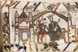 エドワード懺悔王がハロルドをノルマンディーに送る、バイユータペストリー（リネンにウール刺繍 作： Unknown artist