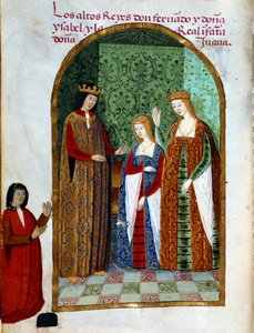 アラゴンとシチリアの王フェルディナンド2世（1452年〜1516年）、カスティーリャの女王ジョアン（1479年〜1555年）、スペインの女王イザベラ1世（カトリックとして知られている）（1451年〜1504年）の3人です。"Devocionario de la Reyna Da Juana a Quien Llamaron la Loca "のミニチュア。 作： Unknown artist