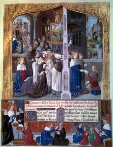 国王ルイ9世（1214-1270）（サン・ルイ）は、1255年にルーヴレイ（ブローニュ）の森にロンシャンのコルデリエール修道院を建設させ、国王によるキリスト教の慈善活動の場面を描いた。 15世紀の写本「モンセニュール・サン・ルイの事実の書」から引用したミニチュア。 作： Unknown artist