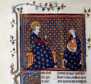 王ルイ9世（1214-1270）が息子である未来のフィリップ3世に王の極意を教える様子。 14世紀の写本からのミニチュア。シャンティ、コンデ美術館