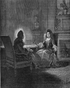国王ルイ14世（1638-1715）が後妻のマントノン夫人（フランソワーズ・ドービーニュ、マントノン侯爵夫人）（1635-1716）と話している様子。19世紀のエングレーヴィング。ジュール・ミシュレ著「フランス史」より 作： Unknown artist