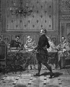 フランス王アンリ4世（1553-1610）（立位）と大使たちとの会談風景。19世紀のエングレーヴィング。ジュール・ミシュレ著「フランス史」より 作： Unknown artist