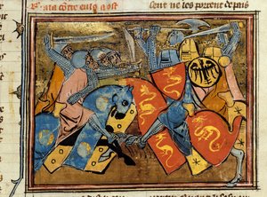 騎士の戦い。ロベール・ド・ボロン（Borron）（約1144～1170年）の「マーリンの歴史」から引用されたミニチュア。 作： Unknown artist
