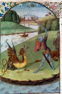 円卓の騎士たち"Lancelot fights with the dragon" 手稿ミニチュア "The novel of Lancelot du Lac" 作： Unknown artist