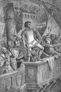 クヌート大帝（カヌート1世）（994年または995年～1035年） - ノルウェーのオラフ2世（Olaf II of Norway）の攻撃を受けたロンドン橋上のクヌート大帝の部下たち - リチャード・ロスの「Kaiser, Konig une Papst」に掲載されたエングレーヴィング 作： Unknown artist
