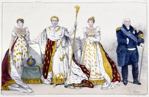 帝国とブルボン家：ジョセフィーヌ・ド・ボーアルネ（1763-1814）とナポレオン1世（1769-1821）、マリー・ジョセフィーヌ・ド・サヴォア（1753-1810）とルイ18世（1755-1824） - パリ、スウィ編「Kings and Queens of France in prints」から抜粋したプレート。 作： Unknown artist