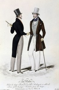 La Mode du 26 juillet 1834：（男性ファッション）シートスーツ-パンツカシミール-ベルベット襟のレディンゴート-ピケのベスト-パンツトープスキン、トップハット。 作： Unknown artist