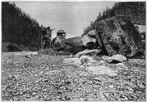 La catastrophe de Saint-Gervais (Saint Gervais) ou catastrophe du glacier de la Tete Rousse (de department of Haute-Savoie) (12-13 July 1892) - Bains de Saint-Gervais after the disaster with the huge block transport by the torrent, Engraving in "La Natur". 作： Unknown artist