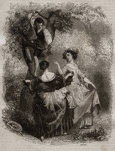 La cueillette des cherries - Jean-Jacques (Jean Jacques) Rousseau (1712-1778)の「告白の挿絵」-1849年の彫刻版 作： Unknown artist