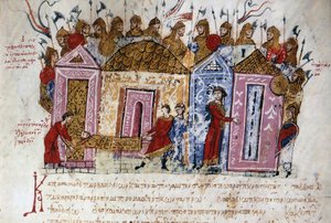 バレジアン（ヴァランジアン）の武装兵（デンマークとスウェーデンのバイキングは、東の領土の川の流れをすべて旅して、カスピ海まで砦を築き、後のロシア国家の基礎を築いた）ミニチュアは、以下より引用 作： Unknown artist