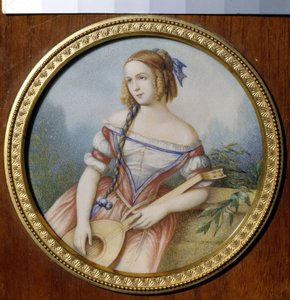 ヴィクトル・ユーゴー (1802-1885) の「ノートルダム・ド・パリ」のエスメラルダ役のロシア人女優ヴァルバラ・アセンコヴァ (1817-1841)。 （エスメラルダとしてのロシアの女優Varvara Asenkova）。 匿名の作品、紙に水彩 作： Unknown artist