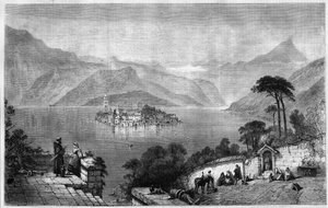 オルタ湖（クーシオ湖）（イタリア・ノバラ県のサン・ジューリオ（サン・ジュール）島の中央にある。1865年のエングレーヴィング。 作： Unknown artist