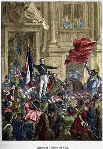 ラマルティーヌ（1790 - 1869）、赤旗を三色旗に変更することを拒否、市庁舎にて。パリ、1848年2月26日。ビアンケッティ・コレクション。 作： Unknown artist