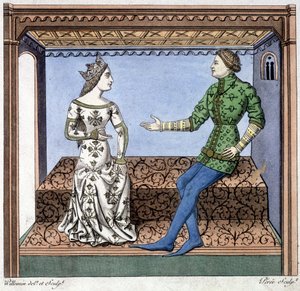 ランスロットとギニーヴルの会話 - 1370年の文書を基にした『Lancelot du lac』からの抜粋。 作： Unknown artist