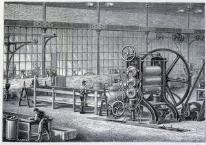 精製されたゴムの塊をシート状にするための大型圧延機 - ルイ・フィギエ著「産業の驚異」より 作： Unknown artist
