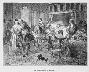マザラン（1602年〜1661年）の最後の瞬間。アンリ・マルタンの「Histoire de France populaire」に掲載されたイラスト。 作： Unknown artist