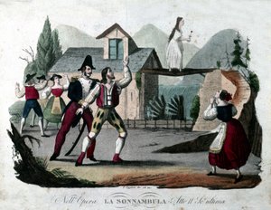 Vincenzo Bellini作「La somnambule (La sonnanbula)」第2幕のラストシーン。1835年に描かれた版画。 作： Unknown artist