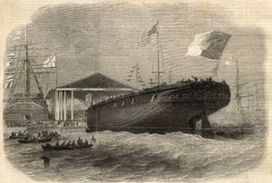 ライムハウス（ロンドン）で行われたポルトガルのコルベット「サグレス」の進水式。6月5日付の「The Illustrated London News」に掲載された図版 作： Unknown artist