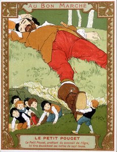 Le Petite Poucet took off his seven leagues boots to asoupi ogre - Bon Marché advertising label, end 19世紀 作： Unknown artist