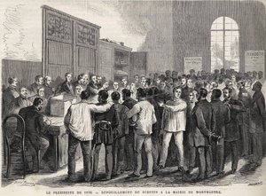 Le Plebiscite de 1870、モンマルトルのタウンホールでの開票作業。 作： Unknown artist