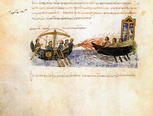 ""Le feu grégeois"" (Greek fire) ビザンチン艦隊は反乱軍に対してギリシャの火を使用 - "Synopsis historiarum""" または "Chroniques byzantines"" (王の歴史と 811 年から1057 ) ジョン (ヨハネスまたはジョン) 作： Unknown artist