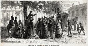 L.Simoninによる1862年の「ロンドンの貧しい地域への小旅行」を説明するためにDurand Bragerが描いた、ロンドンでの「Le preche en plein air」。エドゥアール・シャルトン編『世界一周』に掲載された版画 作： Unknown artist
