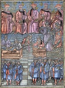 Le prevot des marchands et les echevins de Paris au 16eme century 1528年の原画に倣ったエングレーヴィング - 商人のプロヴォストとパリの市会議員、徴税の場面、「商人のプロヴォストの管轄権に関する王立条例」のタイトルページ。