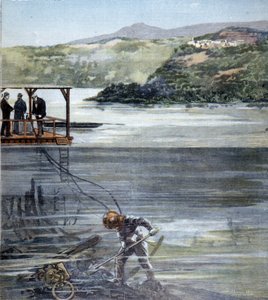 1893年、シーベ社製の潜水服を使用してネミ湖でローマ時代の船を調査するダイバー、パオロ・パルディ。 作： Unknown artist