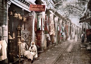 チュニスのLe souc el Trouck：フランス語で「Bazaar arabic Barbouchi brothers」と書かれた看板のある店。フォトクローム、1900年。 作： Unknown artist