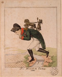 "The Wish of the Berliners" 皇帝ナポレオン1世（1769-1821）がブランデンブルク門のクアドリガを背負って要塞包囲中のマインツを通過する様子を描いた風刺画 Anonymous caricature 作： Unknown artist