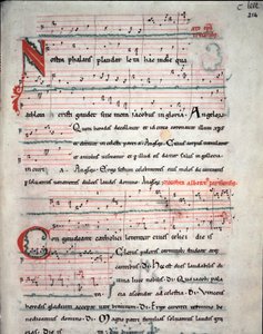 サンティアゴ・デ・コンポステーラ（Santiago de Compostella）の巡礼の歌詞が書かれた巡礼ガイドのリーフレット Fol.214 r. 13世紀の写本から。スペイン、サンティアゴ・デ・コンポステーラ（Santiago de Compostela）の大聖堂のアーカイブ 作： Unknown artist