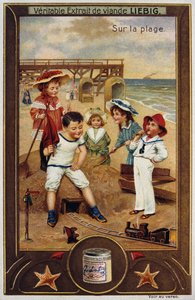 海辺のフランスの子供たちを描いたライビッヒのカード 1890年 作： Unknown artist