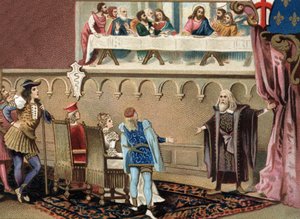 レオナルド・デ・ヴィンチ（1452 - 1519）（レオナルド・ダ・ヴィンチ）は、ミラノ公爵ルドヴィック・スフォルツァ・ディット・ザ・モアにフレスコ画「聖骸布」を見せている（ミラノのサンタ・マリア・デレ・グラシエの食堂でのルドヴィコ・スフォルツァ）。 作： Unknown artist