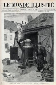 1895年にパリで行われたLes bouilleurs de cru - la distillation à domicile - 1895年の "Le Monde Illustré "1993号に掲載された彫刻。 作： Unknown artist